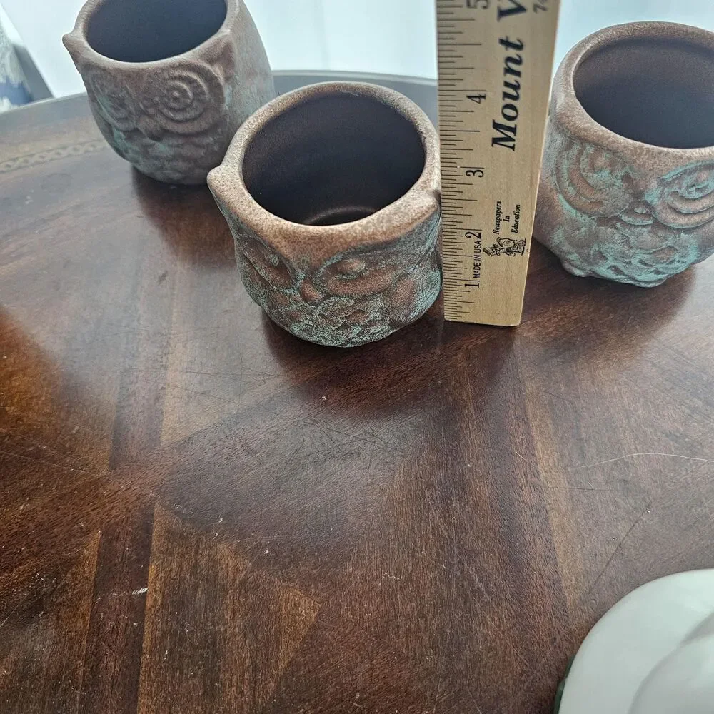 Upcycled Ceramic Owl Trio Rustic Copper Patina Finish Versatile Fall/Halloween